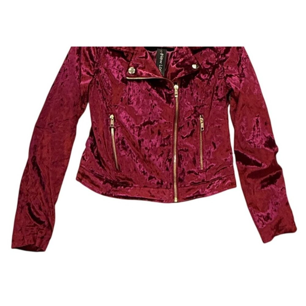 New Look Womens Red/Rose Velour Biker Jacket Size S Pockets Goth - Picture 3 of 6